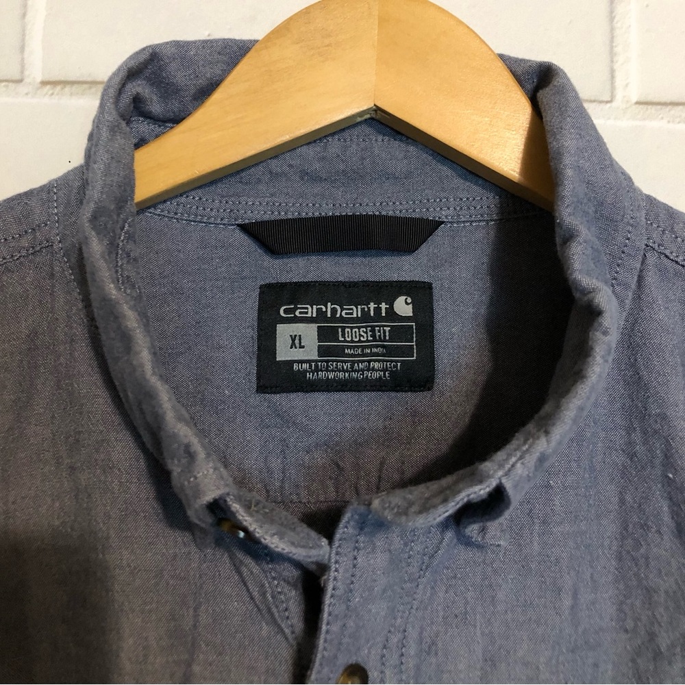 Carhartt Men's Loose Fit Denim Blue Chambray Button Front Short Sleeve Shirt XL - Picture 8 of 9
